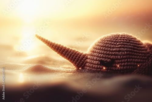 Crocheted Narwhal on the Beach at Sunset photo