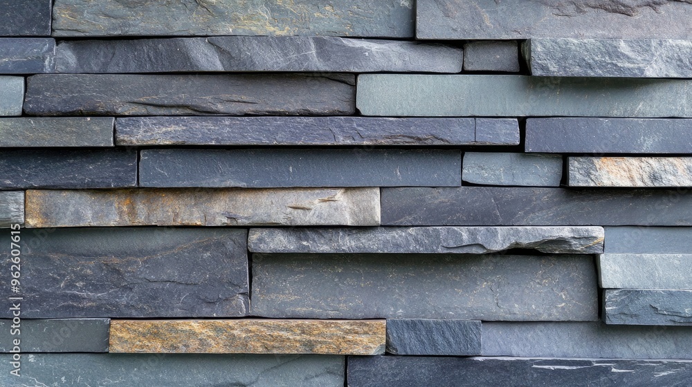 Decorative slate wall background with horizontal layers of thin, flat stones in various shades of gray. Decorative slate wall background with horizontal layers of thin, flat stones in various shades of gray.