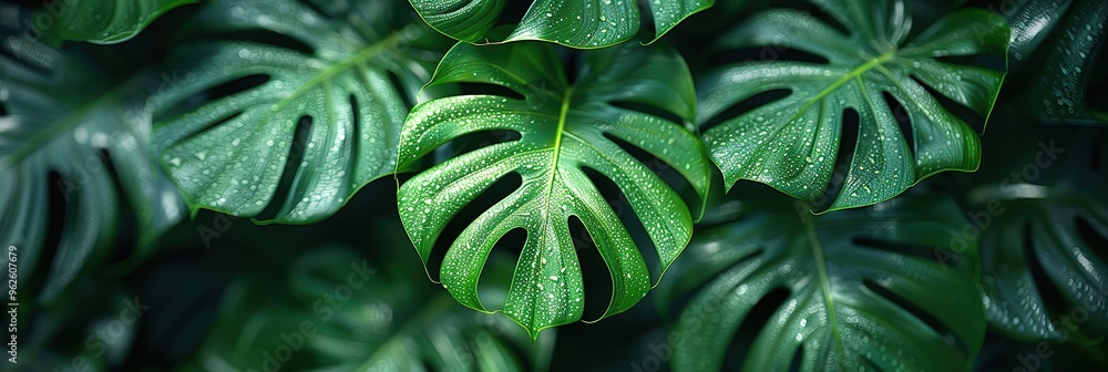 Obraz premium Closeup of lush green monstera leaves with water droplets. Natural background for design, botanical illustrations, or nature themes.