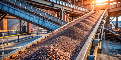 Iron ore pellets falling from conveyor belt into a heap at metallurgical iron plant