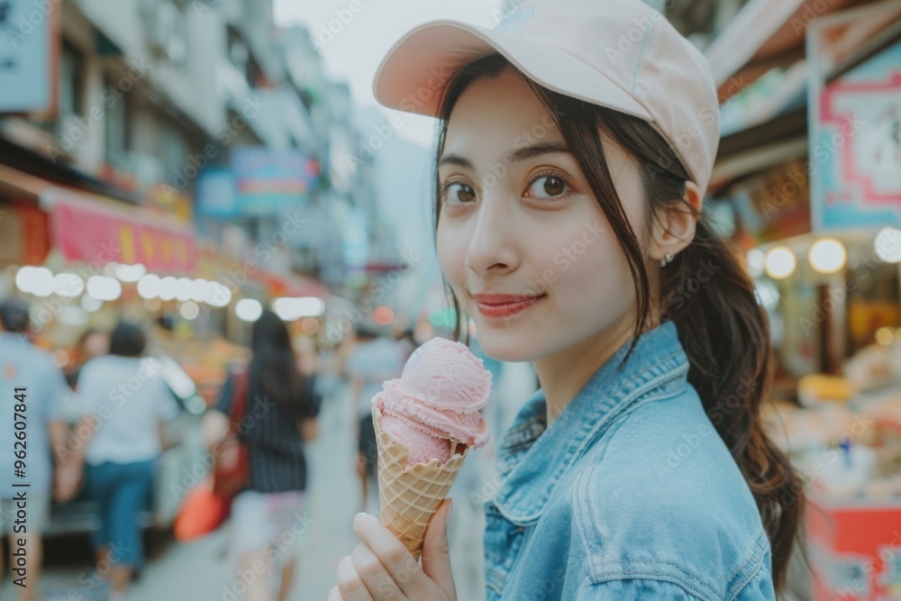 Young woman eating ice cream on a street with a blurred background. AI. Young woman eating ice cream on a street with a blurred background. AI.