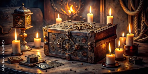 Ancient mysterious box with intricate mechanisms and cryptic symbols, surrounded by candles, parchment, and mysterious artifacts, evoking an air of secrecy and forgotten knowledge. photo