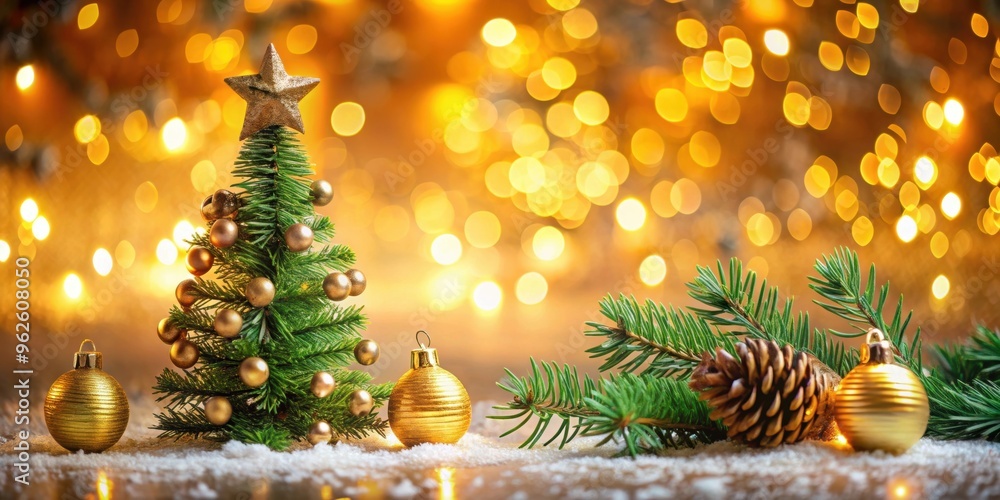 Festive Christmas decoration with fir tree and glowing golden bokeh lights, Christmas, decoration, fir tree, golden Festive Christmas decoration with fir tree and glowing golden bokeh lights, Christmas, decoration, fir tree, golden
