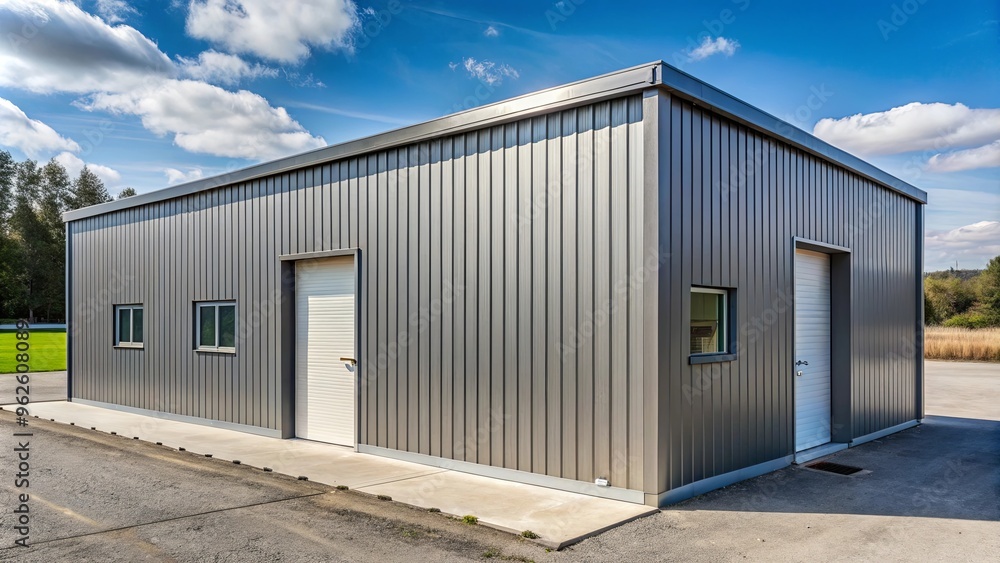 Small one story industrial building with metal siding and a flat roof Small one story industrial building with metal siding and a flat roof