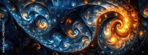 Abstract Fractal Art – Mesmerizing Swirls of Blue and Orange Light photo