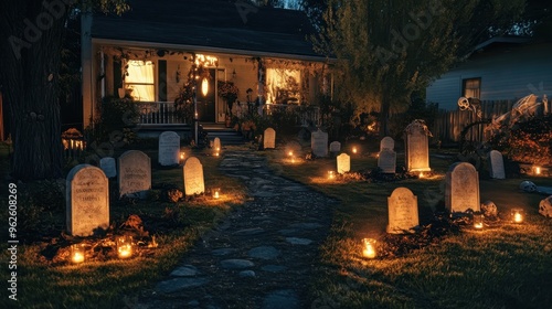 Haunting Graveyard Scene with Candlelit Tombstones and Eerie Lighting