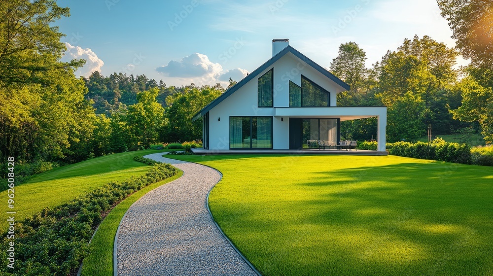 Modern White House in a Tranquil Forest Setting with Manicured Lawn and Curved Pathway Modern White House in a Tranquil Forest Setting with Manicured Lawn and Curved Pathway
