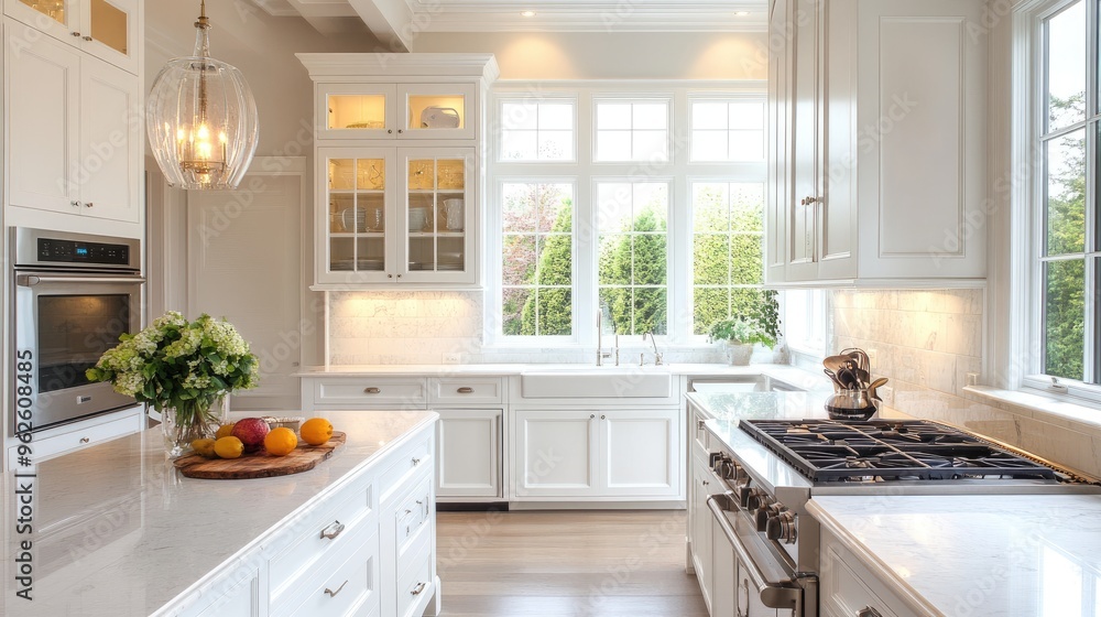 Elegant white kitchen with built-in appliances, marble countertops, and under-cabinet lighting. Elegant white kitchen with built-in appliances, marble countertops, and under-cabinet lighting.