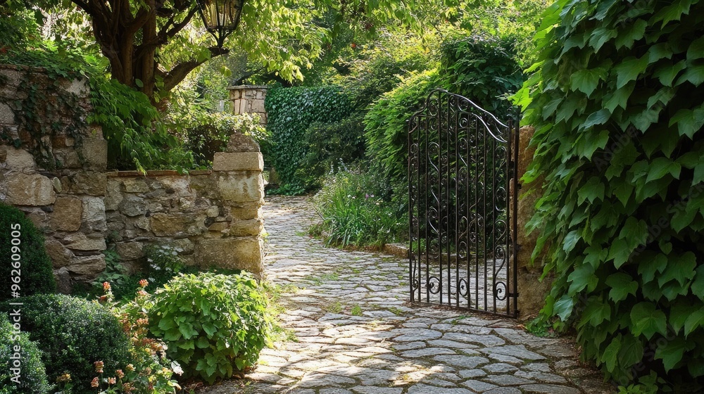 Garden entrance with a wrought iron gate, climbing ivy, and a cobblestone path. Garden entrance with a wrought iron gate, climbing ivy, and a cobblestone path.