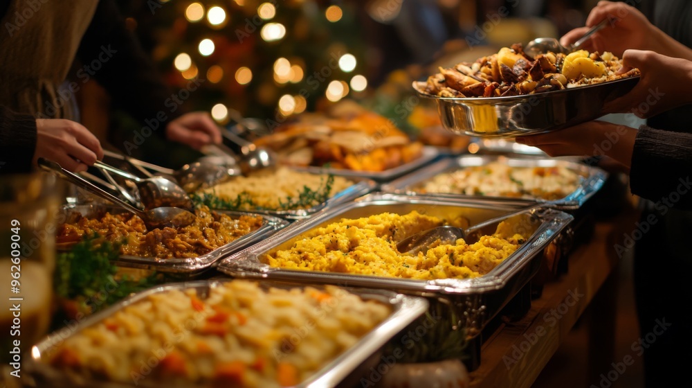 A Buffet Table Featuring Various Dishes for Guests to Serve Themselves A Buffet Table Featuring Various Dishes for Guests to Serve Themselves