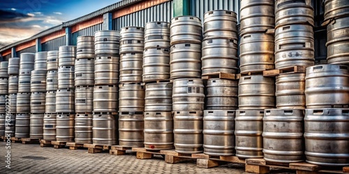 Stacked beer kegs in brewery yard with industrial metal barrels, showing wear and tear , brewery, craft beer
