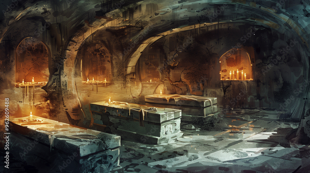 Obraz premium Dark crypt with stone tombs illuminated by candlelight