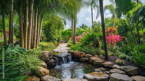 Lush tropical garden filled with palm trees, exotic plants, and a bamboo water feature.