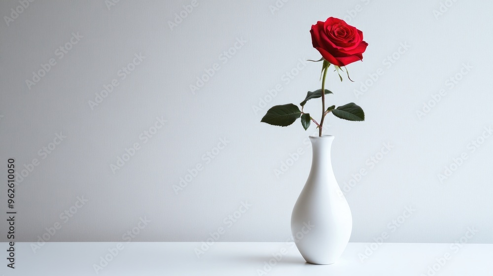 Minimalist tall white vase with a single red rose, placed on a clean white surface, creating a simple and elegant composition. Minimalist tall white vase with a single red rose, placed on a clean white surface, creating a simple and elegant composition.