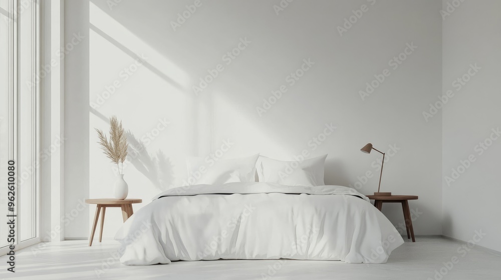 Minimalist white bedroom with a comfortable bed, crisp linens, and a simple wooden side table with a lamp. - Minimalist white bedroom with a comfortable bed, crisp linens, and a simple wooden side table with a lamp. -