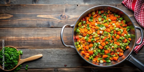 Ready-made mirepoix or soffritto cooking in a pan, top view close-up , mirepoix, soffritto, vegetables, cooking, frying photo