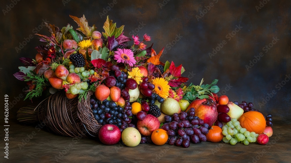 Abundant Harvest: A cornucopia overflowing with autumnal fruits and blossoms Abundant Harvest: A cornucopia overflowing with autumnal fruits and blossoms