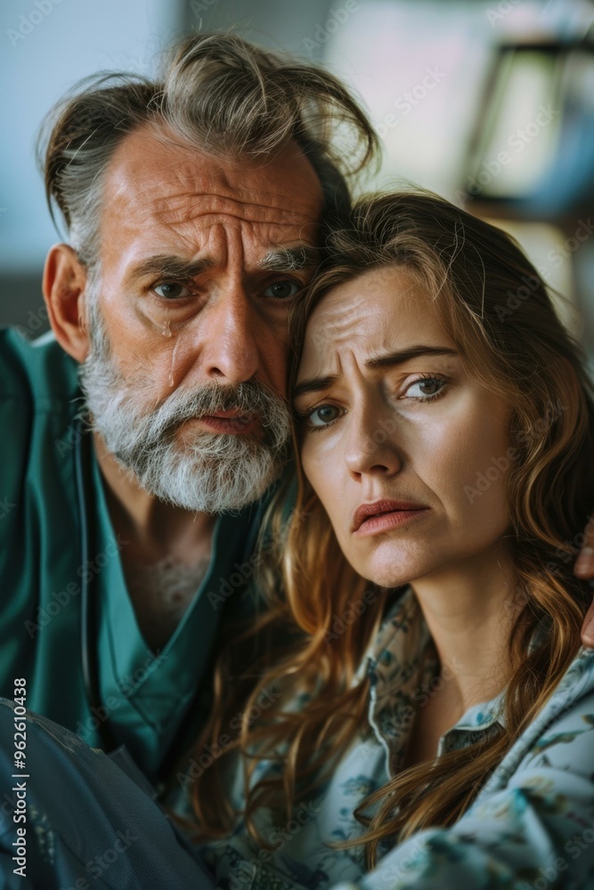A couple embraces, both with tears in their eyes. AI. A couple embraces, both with tears in their eyes. AI.