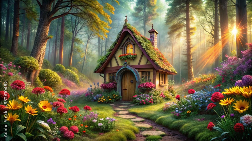 Fototapeta premium Enchanting fairy tale house in the woods with colorful flowers and whimsical design