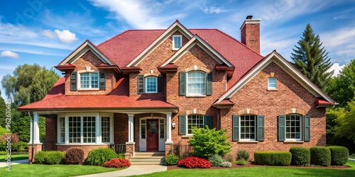 A strong and sturdy brick house with a red roof in a suburban neighborhood