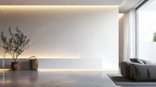 Modern white wall with recessed lighting at the base, casting a soft upward glow for a chic ambiance.