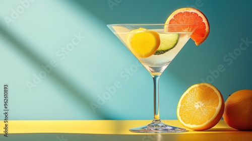 Refreshing Citrus Cocktail with Sliced Fruits in Martini Glass against Colorful Background photo