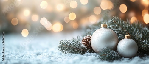 Festive Christmas Ornaments on Snowy Pine Branch with Warm Bokeh Background