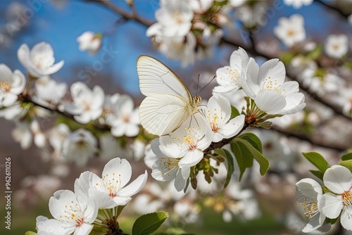 Magical White Butterflies on White Flowers with Gold Highlights in Spring Nature Scene