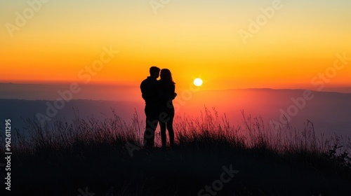 Romantic Silhouette at Breathtaking Sunset in the Mountains