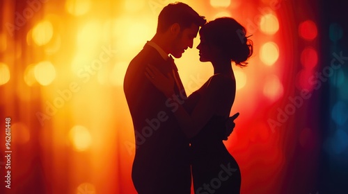 Romantic Silhouette of Couple in Love Dancing Against Colorful Sunset Background