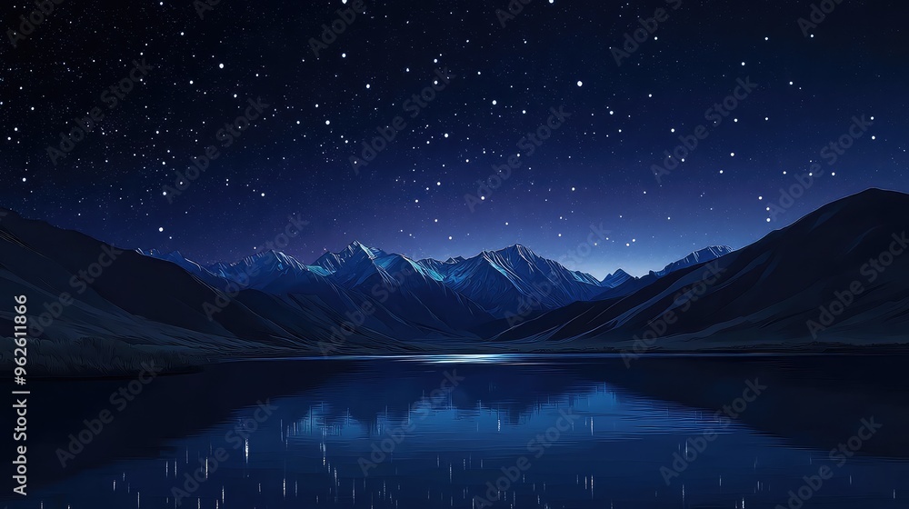 Fototapeta premium Beautiful night view of Kyrgyzstan mountains and river, captured in a minimalist vector art style, under a calm, star-filled sky