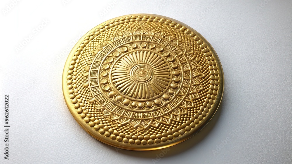 Golden circular embossing shines brightly on pure white canvas, radiating warmth and elegance. Golden circular embossing shines brightly on pure white canvas, radiating warmth and elegance.