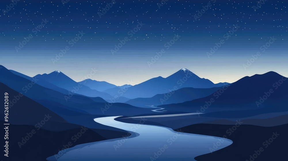 Fototapeta premium Minimalistic vector art of a peaceful Kyrgyz mountain landscape at night, with a meandering river and a starry sky