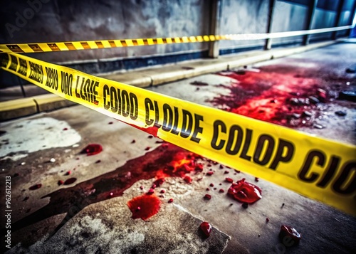 Gritty, high-contrast image of a crime scene with police tape, caution signs, and blood-stained evidence, evoking a sense of unease and graphic intensity.