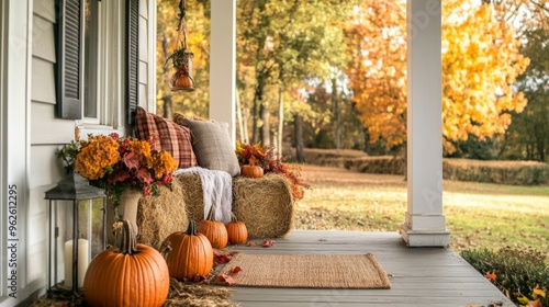 Fall Porch Decor with Pumpkins, Hay Bales, and Lanterns