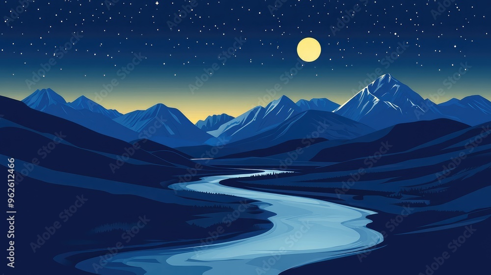 Naklejka premium Vector art of a beautiful night view of Kyrgyzstan mountains, with a meandering river and a glowing moon, in a minimalistic design