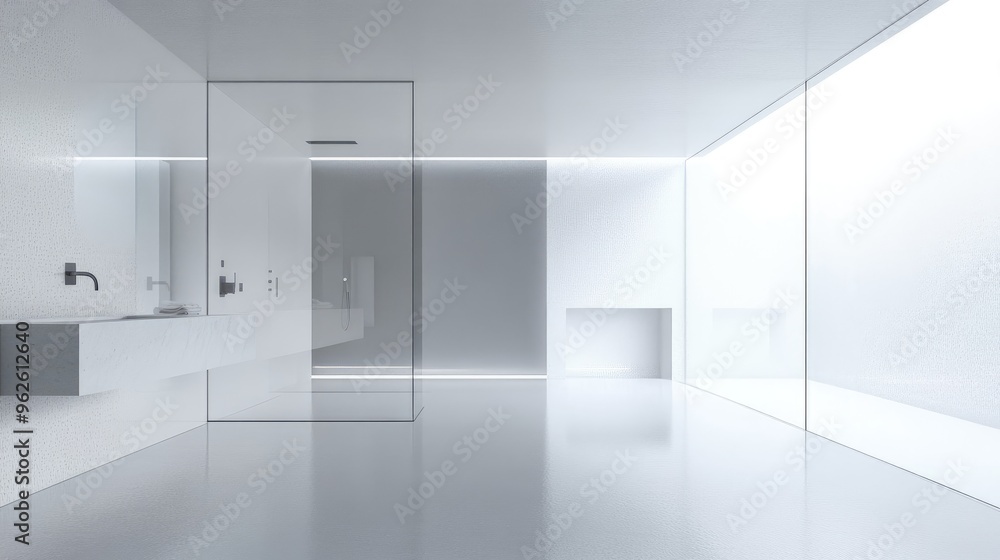 Sleek white bathroom with a walk-in shower, glass partition, and minimalist fixtures. Sleek white bathroom with a walk-in shower, glass partition, and minimalist fixtures.
