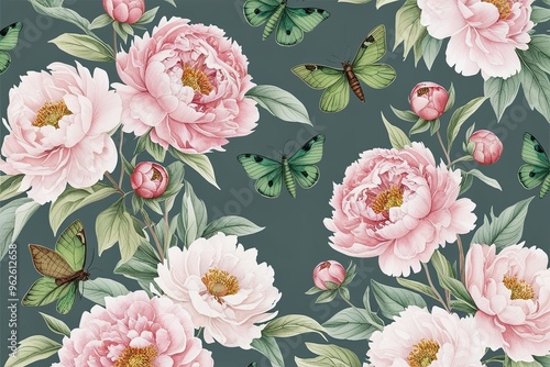 Watercolor Art of Delicate Peonies and Vibrant Emerald Moths for Floral Wallpaper Decor photo