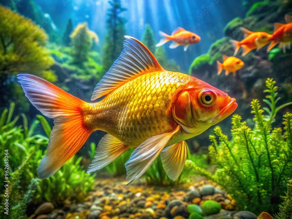Vibrant golden-orange fish with iridescent scales swims in crystal-clear waters, surrounded by lush green aquatic plants and subtle sunken treasures in the background. Vibrant golden-orange fish with iridescent scales swims in crystal-clear waters, surrounded by lush green aquatic plants and subtle sunken treasures in the background.