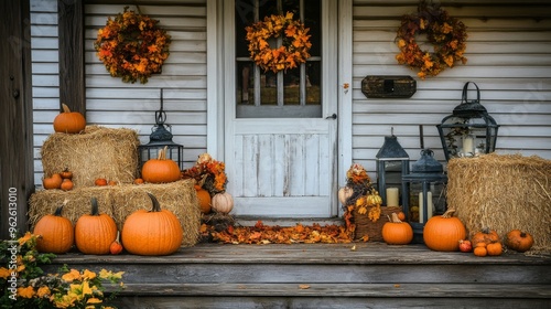 Fall Decorated Porch with Pumpkins and Hay Bales