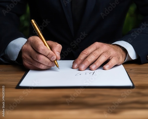 Closeup of a financial advisor s hand writing on a notepad during a client meeting about asset management, closeup advisor notepad, wealth management meeting photo