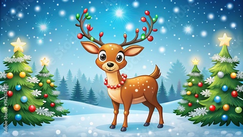 Colorful cartoon reindeer with bright antlers, shiny nose, and festive holly garland, standing in a winter wonderland scene with snowflakes and sparkling stars.