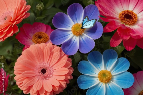 Vibrant Coral Pink and Azure Garden Blooms with Radiant Butterfly