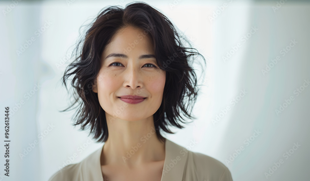 部屋で微笑む中年女性 美容イメージ AI 部屋で微笑む中年女性 美容イメージ AI