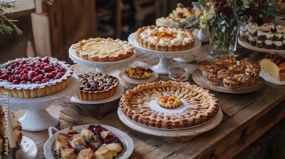 A Rustic Table Display of Various Pies and Pastries A Rustic Table Display of Various Pies and Pastries