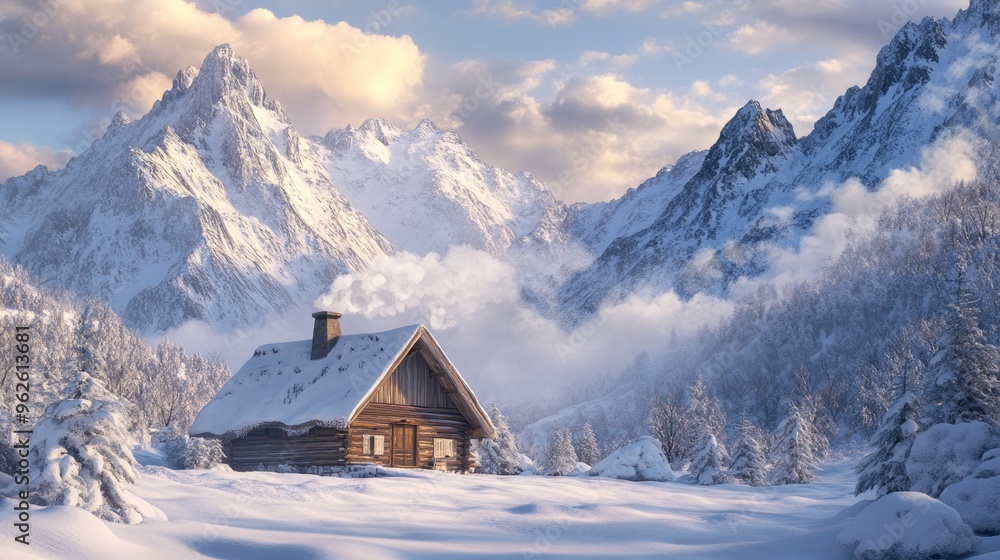 Snow-covered mountains in the background with a cozy wooden cabin and smoke coming from the chimney, a winter retreat Snow-covered mountains in the background with a cozy wooden cabin and smoke coming from the chimney, a winter retreat