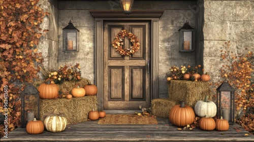 Autumnal Front Porch with Pumpkins and Hay Bales