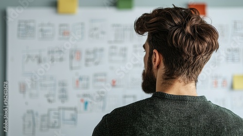 A bearded man looks at a whiteboard covered in notes and sticky notes. He is contemplating a project, plan or idea.