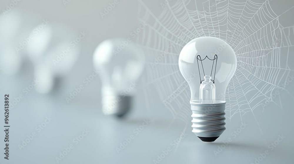 Four light bulbs in a row, with one in focus, against a white background. The focused bulb has a web pattern behind it. Four light bulbs in a row, with one in focus, against a white background. The focused bulb has a web pattern behind it.