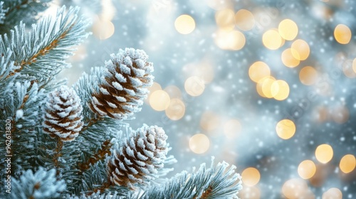 Snow-covered pine branches with frosty decorations, bokeh lights in the background, creating a festive Christmas mood